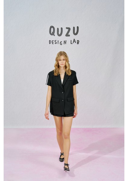 Kruvaze Yaka Şerit Çizgili Kısa Kol Ceket Siyah