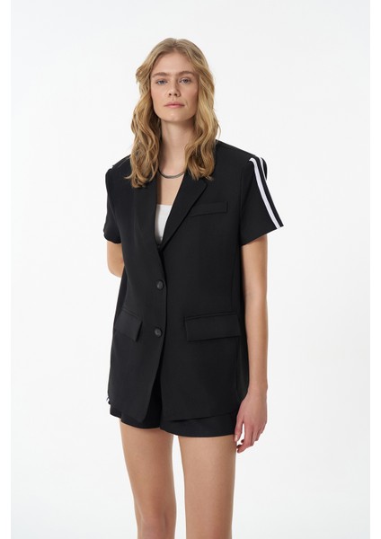 Kruvaze Yaka Şerit Çizgili Kısa Kol Ceket Siyah