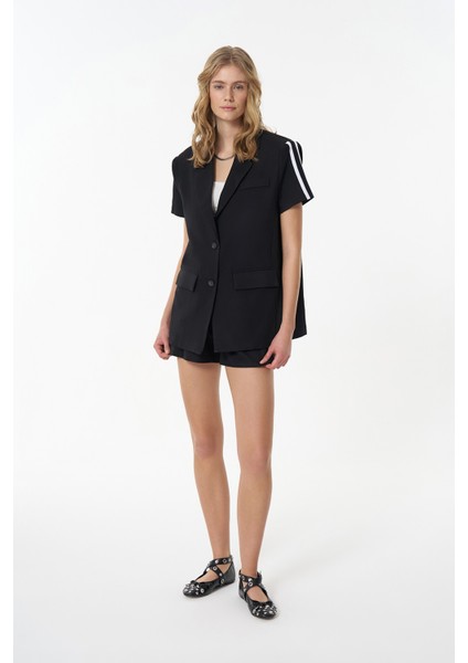 Kruvaze Yaka Şerit Çizgili Kısa Kol Ceket Siyah