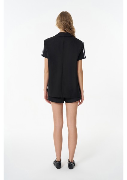 Kruvaze Yaka Şerit Çizgili Kısa Kol Ceket Siyah