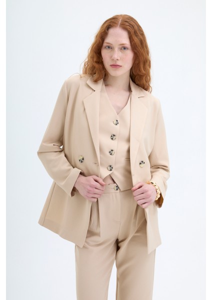 Kruvaze Yaka Çift Düğmeli Blazer Ceket Bej