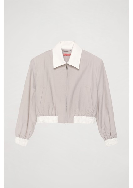 Renk Bloklu Beli Lastikli Bomber Ceket Gri