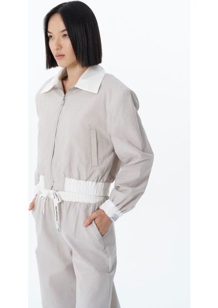 Renk Bloklu Beli Lastikli Bomber Ceket Gri