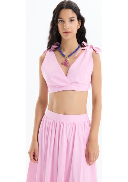 Bağlama Detaylı Kruvaze Büstiyer Bluz Pembe