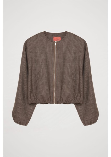 Kırçıl Detaylı Fermuarlı Bomber Ceket Kahverengi