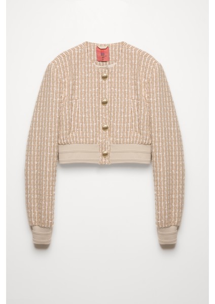 Gold Düğmeli Kırçıl Kısa Ceket Bej