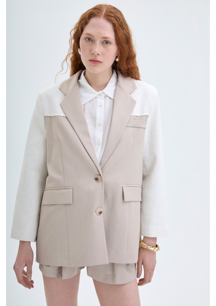 Kruvaze Yaka Dokulu Matchli Blazer Ceket Bej