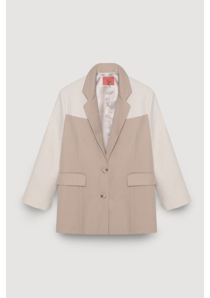 Kruvaze Yaka Dokulu Matchli Blazer Ceket Bej