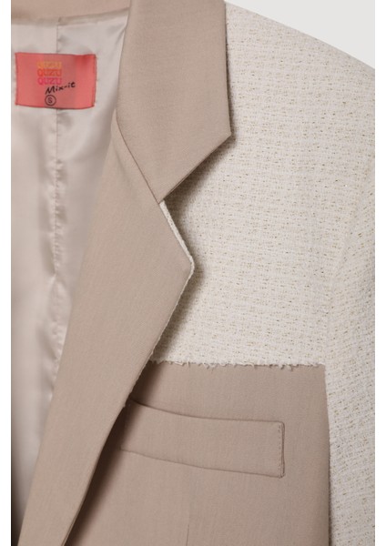 Kruvaze Yaka Dokulu Matchli Blazer Ceket Bej