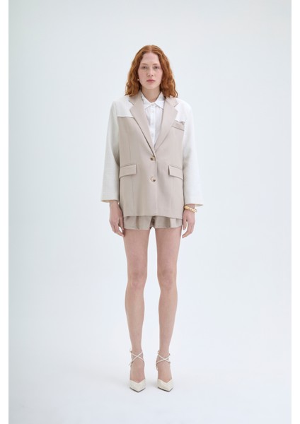 Kruvaze Yaka Dokulu Matchli Blazer Ceket Bej