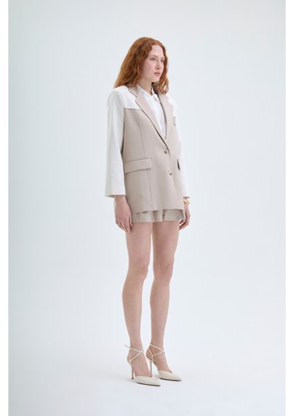 Kruvaze Yaka Dokulu Matchli Blazer Ceket Bej