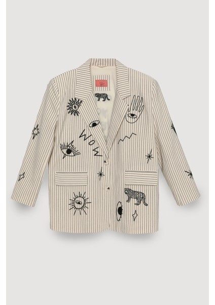 Çizgili Nakışlı Kruvaze Yaka Blazer Ceket Bej
