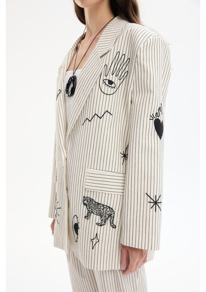Çizgili Nakışlı Kruvaze Yaka Blazer Ceket Bej