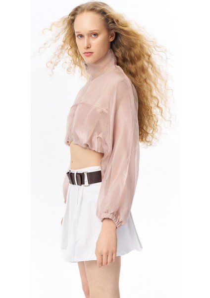 Organze Tül Detaylı Bomber Ceket Bej