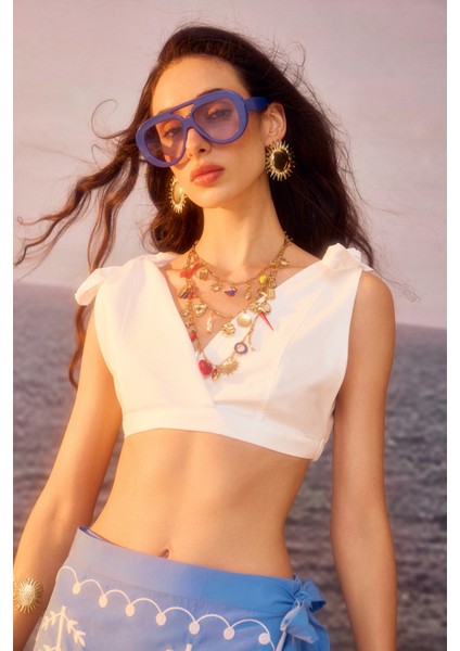 Bağlama Detaylı Kruvaze Büstiyer Bluz Beyaz