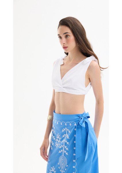 Bağlama Detaylı Kruvaze Büstiyer Bluz Beyaz