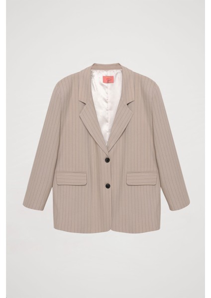 İnce Çizgili Düğmeli Oversize Blazer Ceket Bej