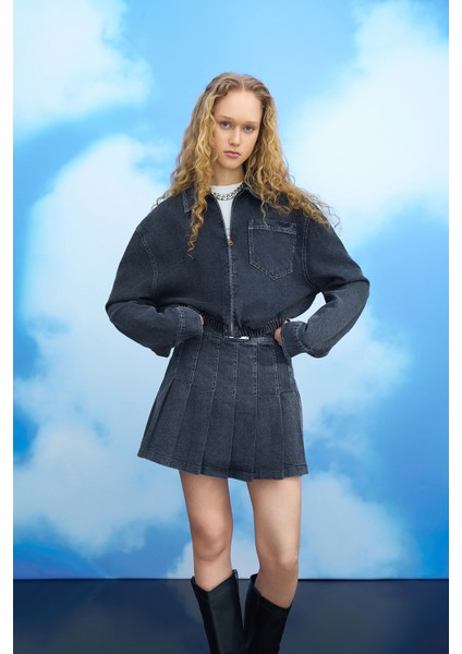 Büyük Cepli Fermuarlı Beli Lastikli Ceket Antrasit