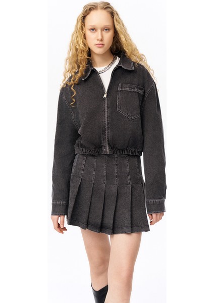 Büyük Cepli Fermuarlı Beli Lastikli Ceket Antrasit