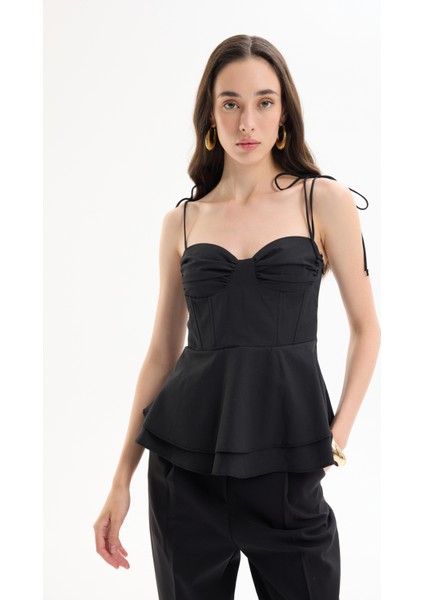 Balenli Bağlama Ip Askılı Bluz Siyah