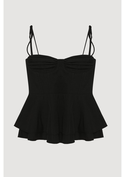 Balenli Bağlama Ip Askılı Bluz Siyah