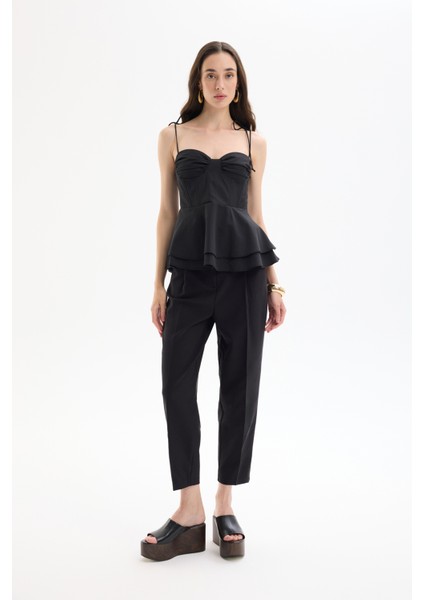 Balenli Bağlama Ip Askılı Bluz Siyah