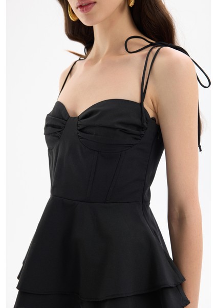 Balenli Bağlama Ip Askılı Bluz Siyah