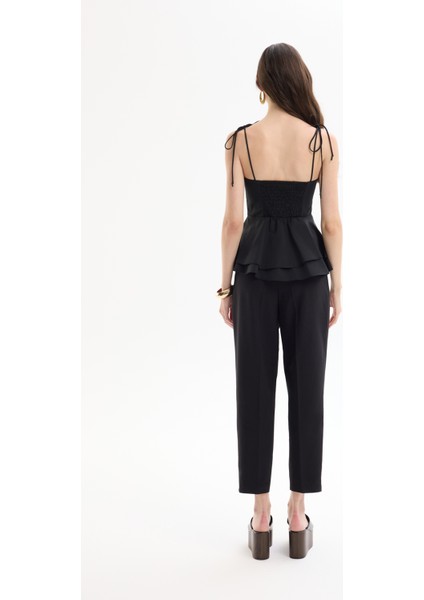 Balenli Bağlama Ip Askılı Bluz Siyah