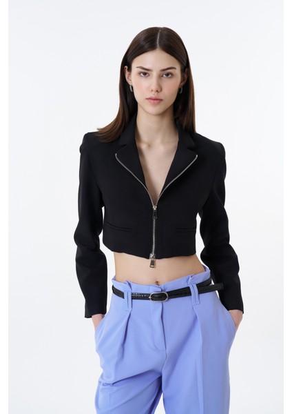 Önden Fermuarlı Crop Blazer Ceket Siyah