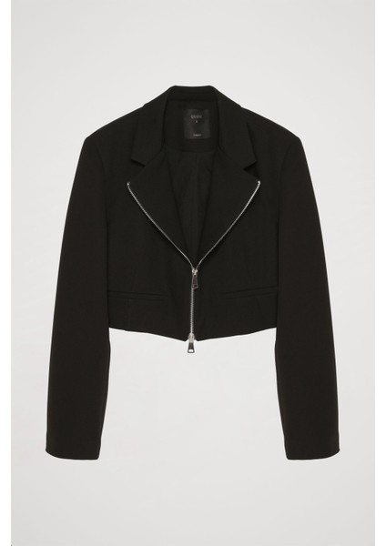 Önden Fermuarlı Crop Blazer Ceket Siyah