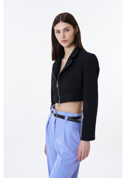 Önden Fermuarlı Crop Blazer Ceket Siyah