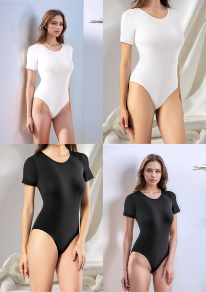 Kadın 4 Adet Pamuklu & Esnek 2 Adet Siyah - 2 Adet Beyaz Kısa Kollu Çıtçıtlı Body LL.K61.O84.003