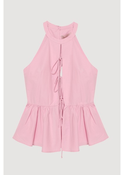 Önü Bağcıklı Halter Yaka Bluz Pembe