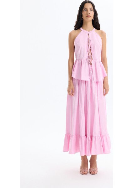 Önü Bağcıklı Halter Yaka Bluz Pembe