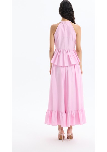 Önü Bağcıklı Halter Yaka Bluz Pembe