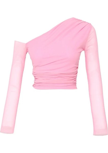 Düşük Omuz Detaylı Tül Bluz Pembe