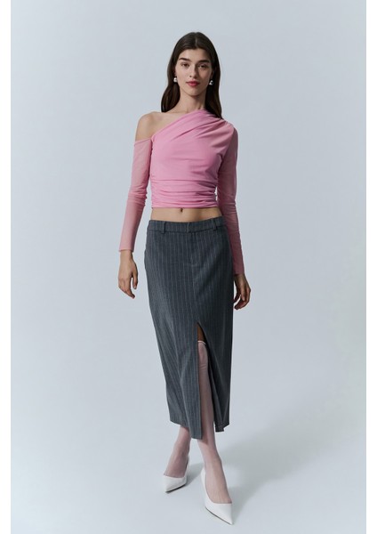 Düşük Omuz Detaylı Tül Bluz Pembe