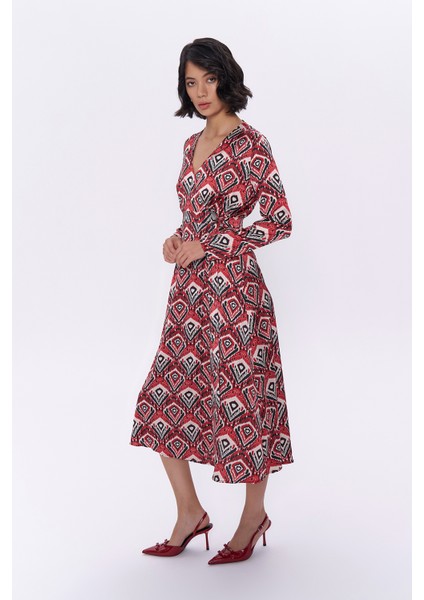 Beli Kemerli Desenli Uzun Elbise Kırmızı