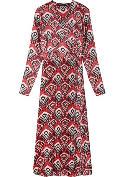 Beli Kemerli Desenli Uzun Elbise Kırmızı