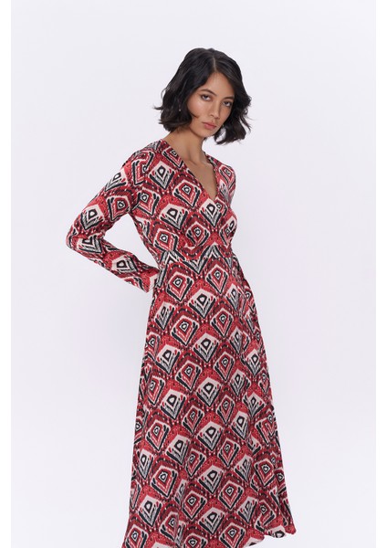 Beli Kemerli Desenli Uzun Elbise Kırmızı