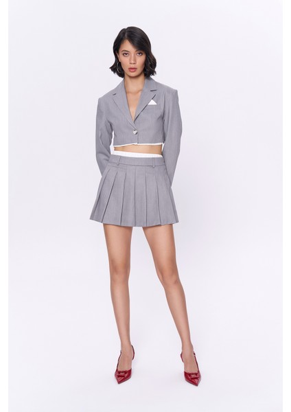 Boxer Bel Pileli Mini Etek Gri