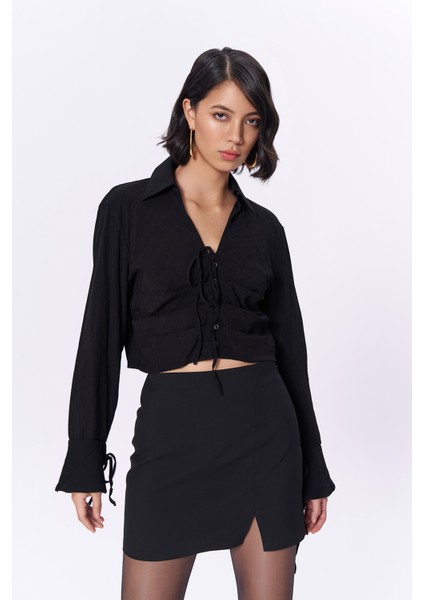 Ip Detaylı Bağlamalı Gömlek Siyah