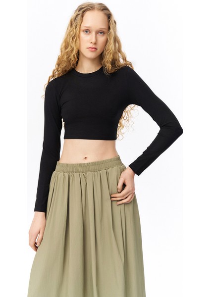 Bisiklet Yaka Uzun Kol Basic Crop Bluz Siyah