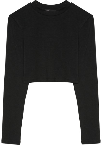 Bisiklet Yaka Uzun Kol Basic Crop Bluz Siyah