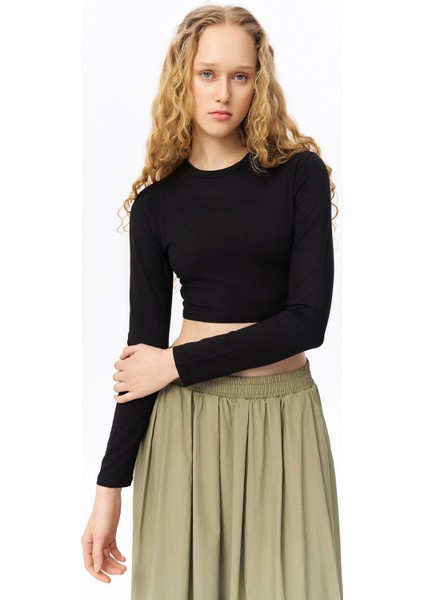 Bisiklet Yaka Uzun Kol Basic Crop Bluz Siyah