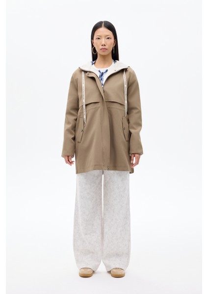 Kapüşonlu Fermuarlı Trençkot Haki