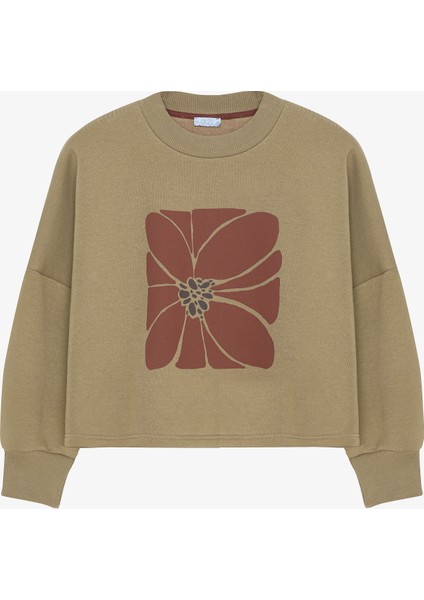 Çiçek Baskılı Oversize Sweatshirt Haki fiyatları