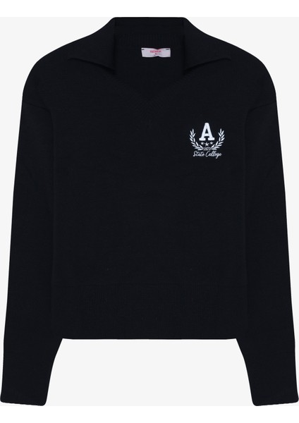 Arma Nakışlı Gömlek Yaka Triko Kazak Lacivert modelleri