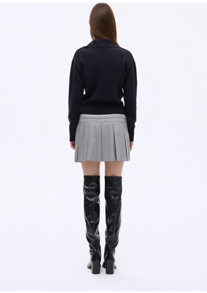 Arma Nakışlı Gömlek Yaka Triko Kazak Lacivert