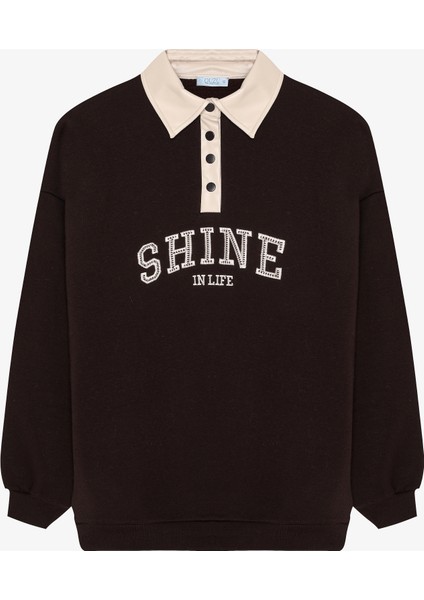 Kontrast Yaka Nakışlı Oversize Sweatshirt Kahverengi fiyatları